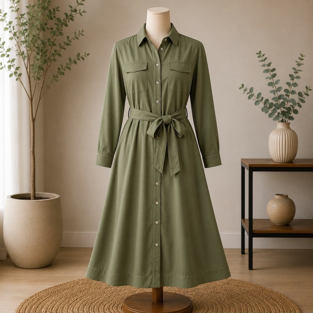 NEW Studio Park Shirt Dress Womens Medium Green Long Sleeve Belted Utility Midi